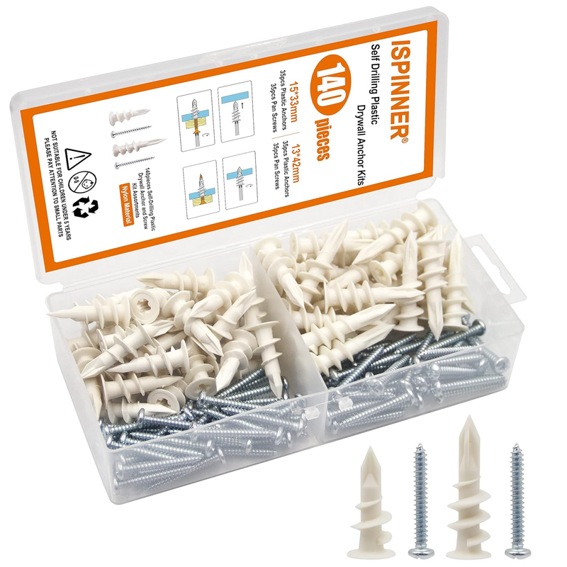 140pcs Plastic Drywall Anchors Self Drilling Hollow Wall Anchors with Screws Ass