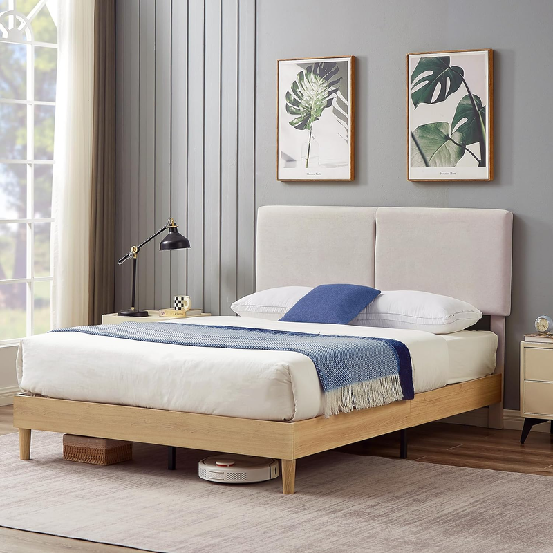 Full Bed Frame Upholstered Platform Beds with Height-Adjustable Cotton and Linen