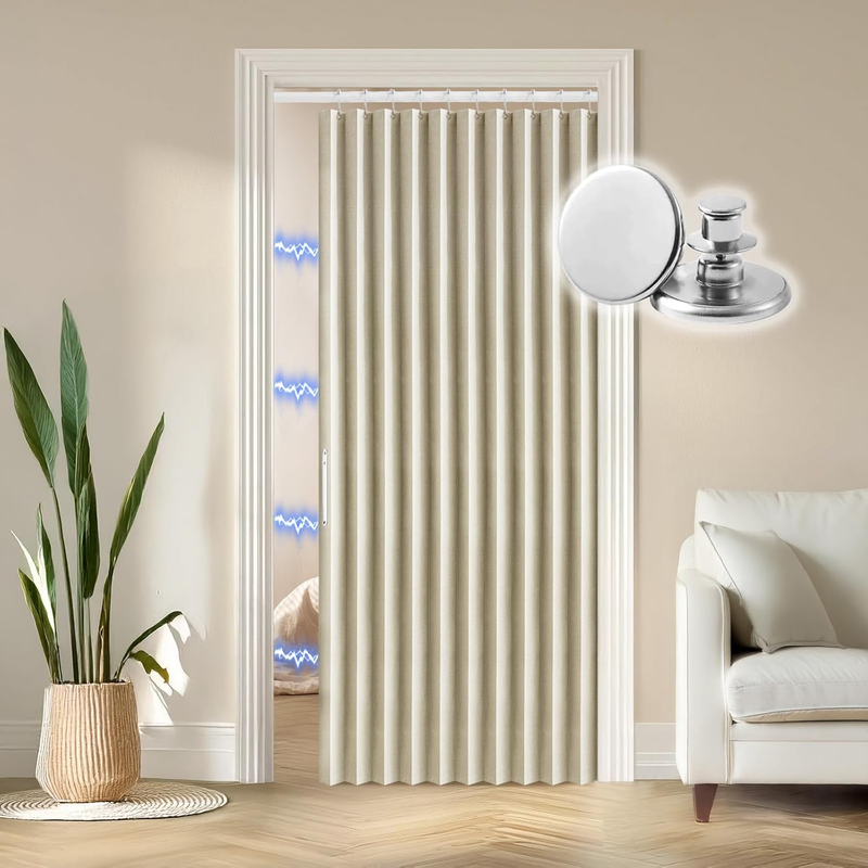 Blackout Folding Door Curtain Magnetic Sliding Door for Closet Pleated Concertina Doorway Curtain Accordion Door Interior Room Divider Bedroom Living Room(42X78,Khaki)