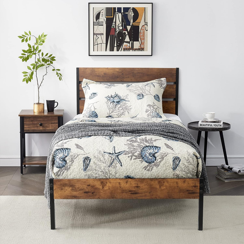 Platform Twin Bed Frame with Rustic Vintage Wood Headboard, Mattress Foundation,