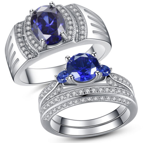 Sterling Silver His Simulated Tanzanite Band Hers Blue Sapphire Wedding Ring Set