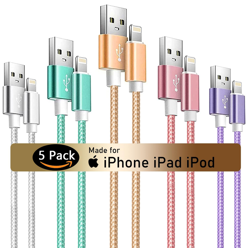 iPhone Charger Cord, 5Pack (3/3/6/6/10ft) Lightning Cable, MFi Certified Nylon B