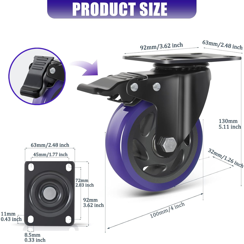 4 Inch Caster Wheels with Brake, Heavy Duty Casters Set of 4 2000lbs, Swivel Pla
