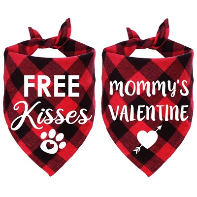 STMK 2 Pack Valentine's Day Dog Bandanas, Free Kisses Mommy's Valentine Plaid...