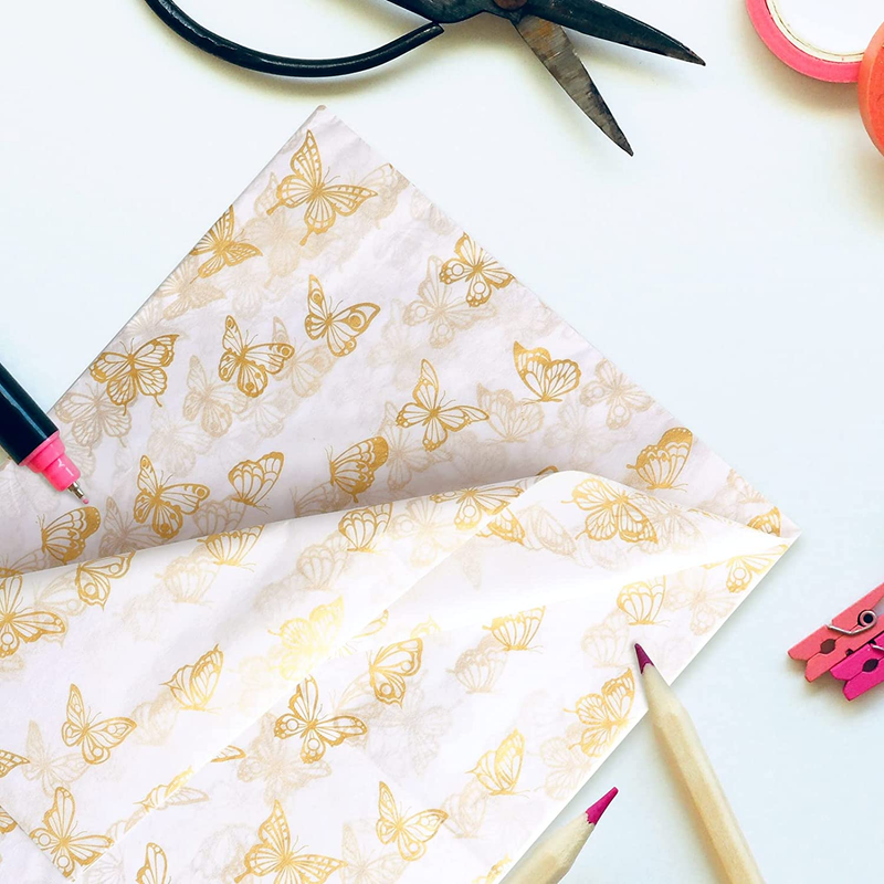 30Pcs 14X20Inch Golden Butterfly Tissue Paper Sheets, Gold Wrapping Tissue Paper