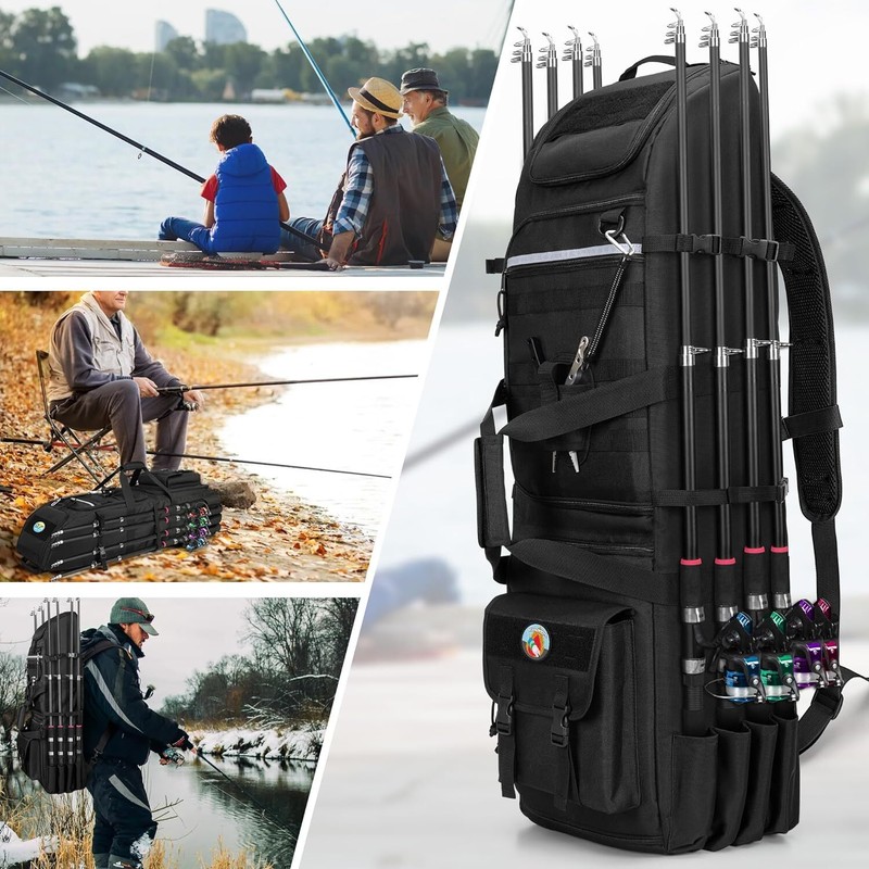 Fishing Backpack Holds 8 Rods & Reels, Bag with Compartment for Tackle Boxes