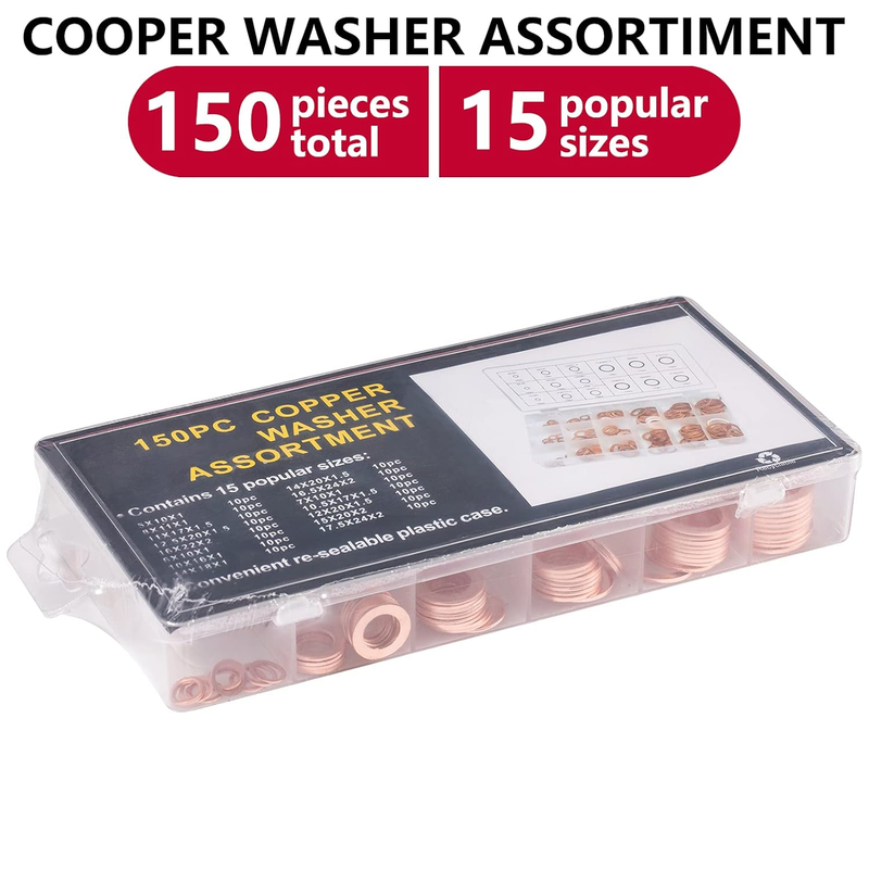 150PCS 15 Sizes Copper Washers Metric Sealing Assortment Set Flat Ring Sump Plug