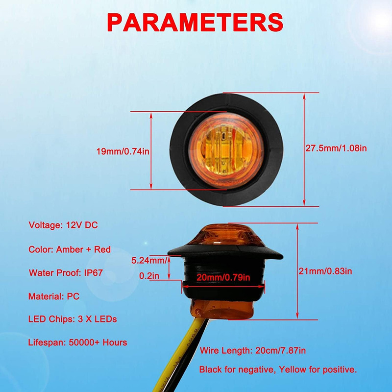 10PCS 3/4" Round Amber+Red LED Side Marker Lights,12V Waterproof 3SMD LED Cleara