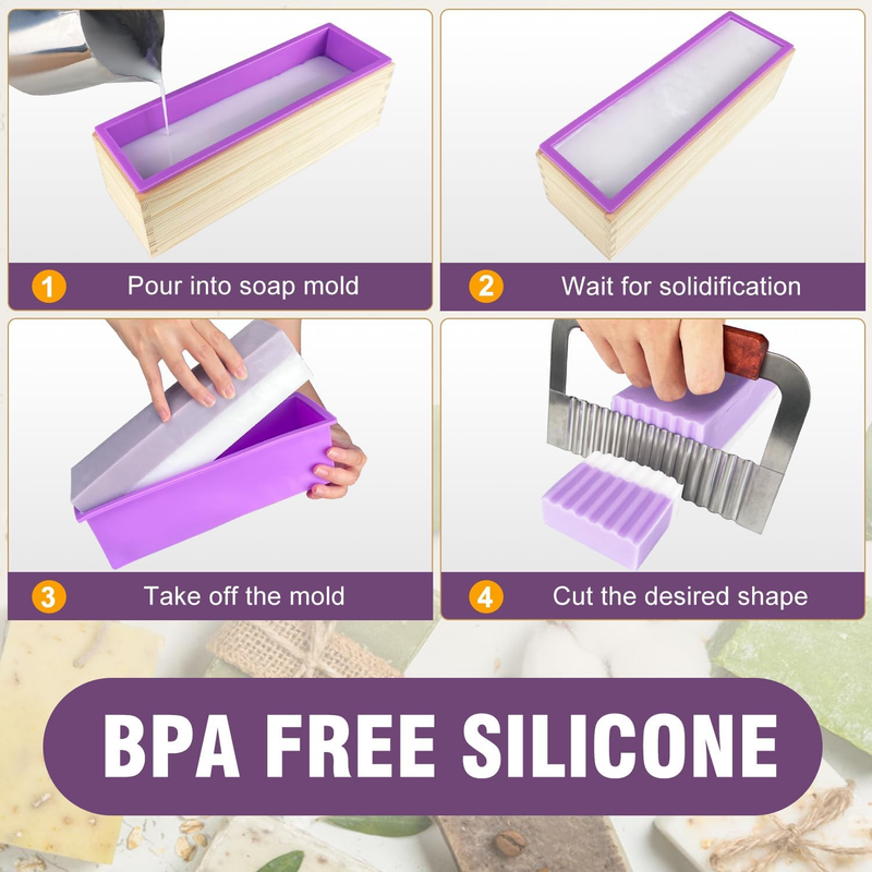 Silicone Soap Molds Kit - Flexible Rectangular Loaf Comes with Wood Box, Stainle