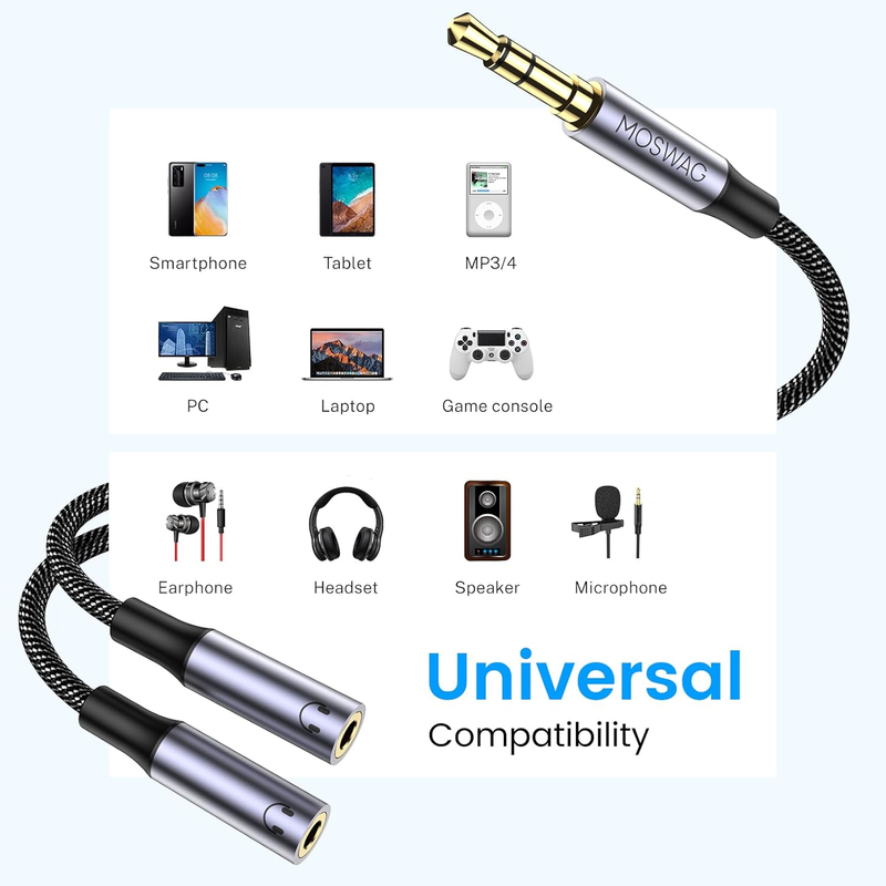Headphone Splitter 3.5mm Stereo Dual 3.5mm Female Headphone Jack Audio Stereo, Y