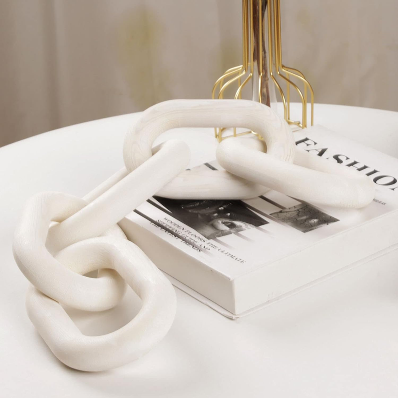 White Wood Chain Link Decor, 5-Link Wooden Decorative Chain Home Decor Accents,