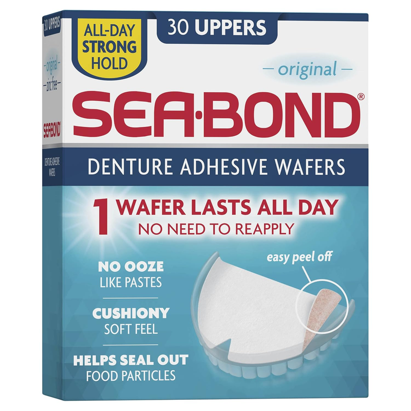 Sea Bond Secure Denture Adhesive Wafers, Zinc Free, All Day Hold, 30 Uppers