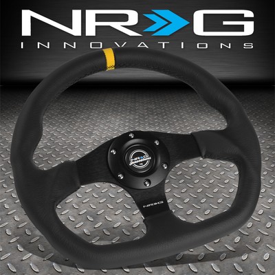 РУЛЕВОЕ КОЛЕСО NRG 320 ММ С ПЛОСКИМ ДНОМ НА 3 СПИЦАХ, ОБТЯНУТОЕ ЧЕРНОЙ КОЖЕЙ, С ЖЕЛТОЙ ЦЕНТРАЛЬНОЙ МАРКИРОВКОЙ