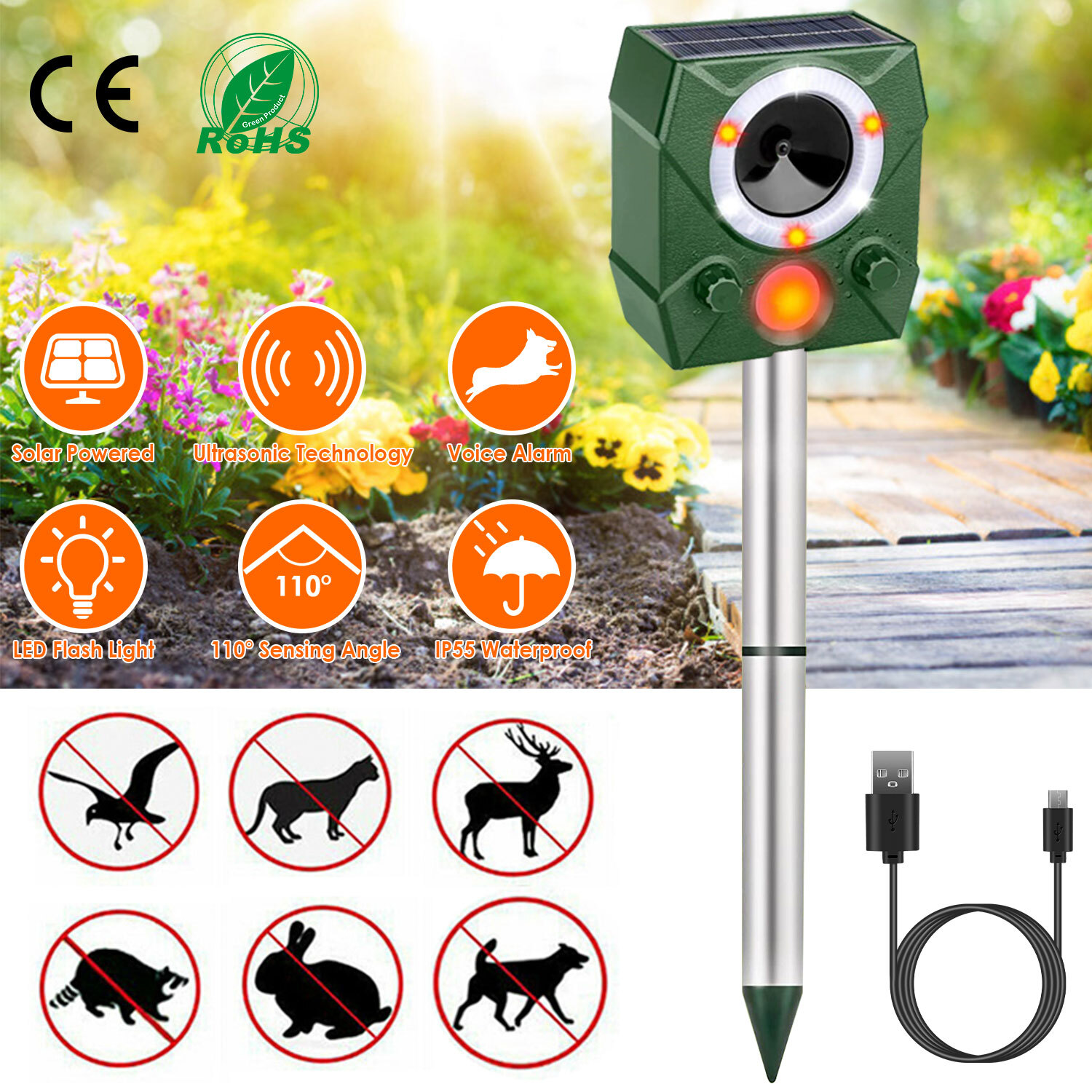 Animal Repeller Ultrasonic Solar Power Bird Dog Cat Skunk Deer Raccoon Repellent