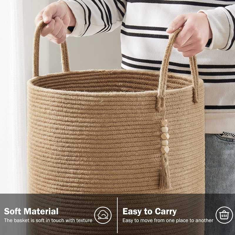 Jute Rope Laundry Hamper Basket, 58L Tall Woven Collapsible Baskets for Blanket