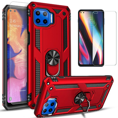 For Motorola One 5G UW Case Phone Cover Ring Kickstand+ Tempered Glass Protector