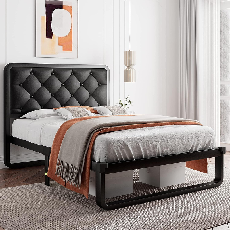 With Faux Leather Headboard, Curved Platform Bed Frame