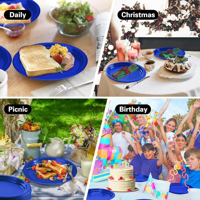 Blue Plates Disposable Heavy Duty 12" X 10" - Oval Blue Plastic Plates for Party