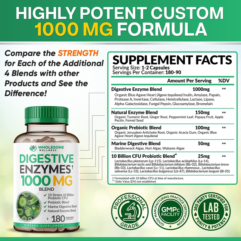 Wholesome Wellness Digestive Enzymes 1000MG - 180 Capsules, Organic Plant-Based 