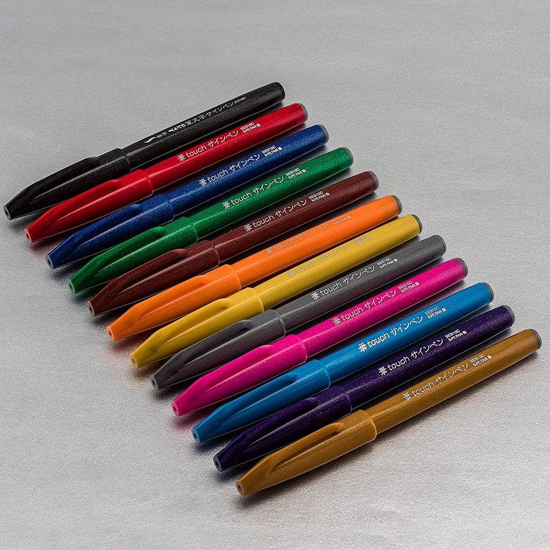 Arts Sign Pen Touch, Fude Brush Tip, 12 Assorted Colors in Marker Stand (SES15CP