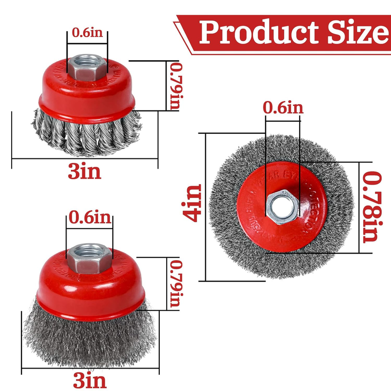8Pack Wire Wheel Cup Brush Set, 3&4 Inch Twisted Knotted & Coarse Crimped Wire W