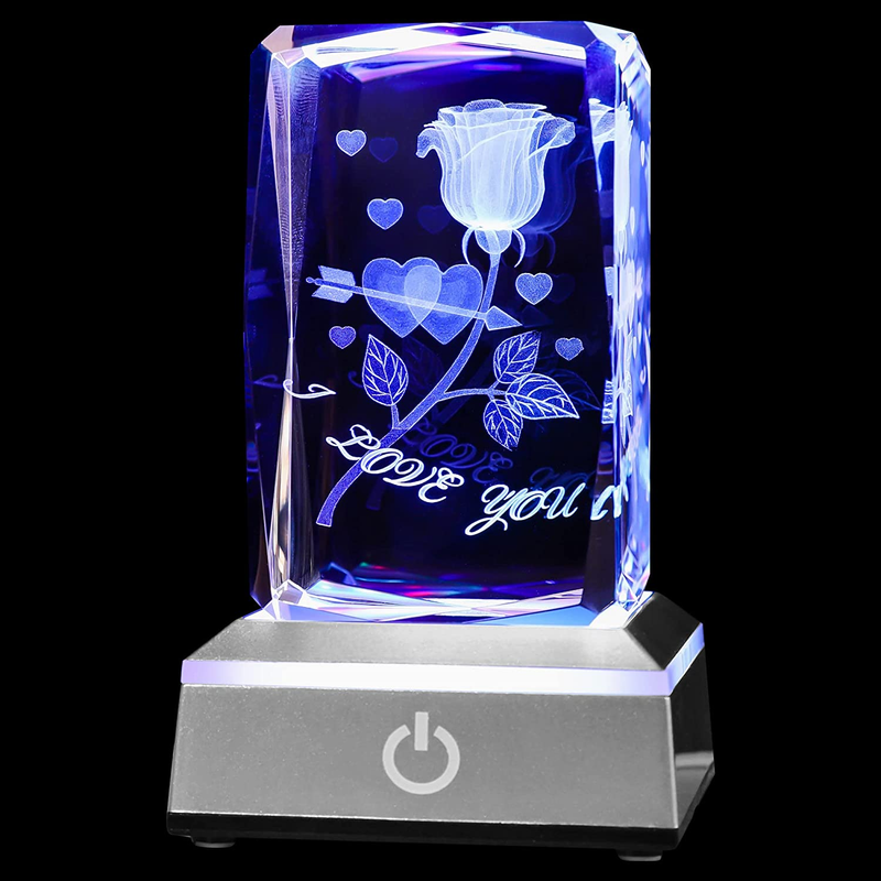 3D Rose Crystal with LED Colourful Light Base,Unique Gifts Her for Valentine'S B