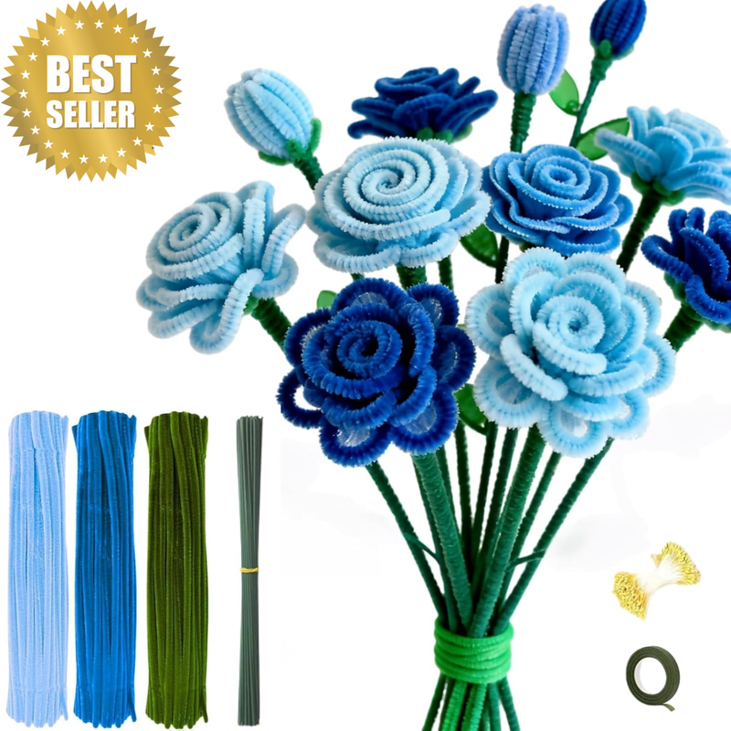300PCS Blue Pipe Cleaners Craft Set, Chenille Stems with Green Floral Wires, Gar