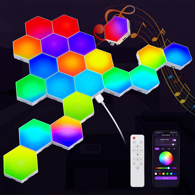 Hexagon LED Lights - 20 Pack RGB Wall Panels, Modular Smart Gaming
