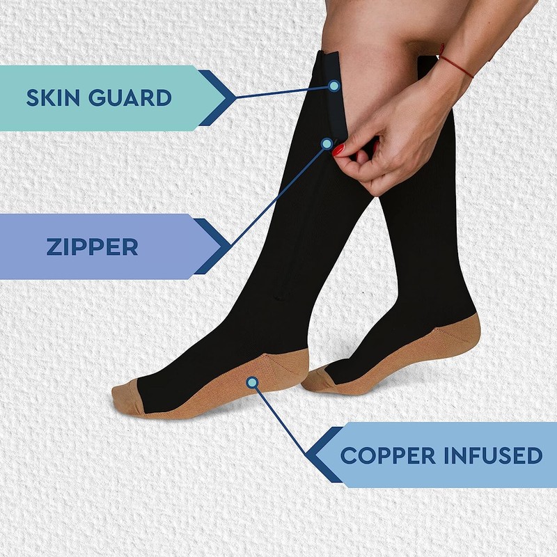Copper Zipper Compression Socks Support Graduated Stockings Men Women 20 30mmHg