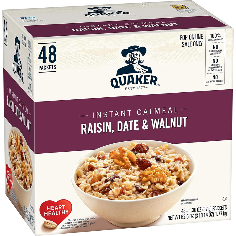 Quaker Instant Oatmeal Raisin Date and Walnut 1.30 Ounce Pack of 48