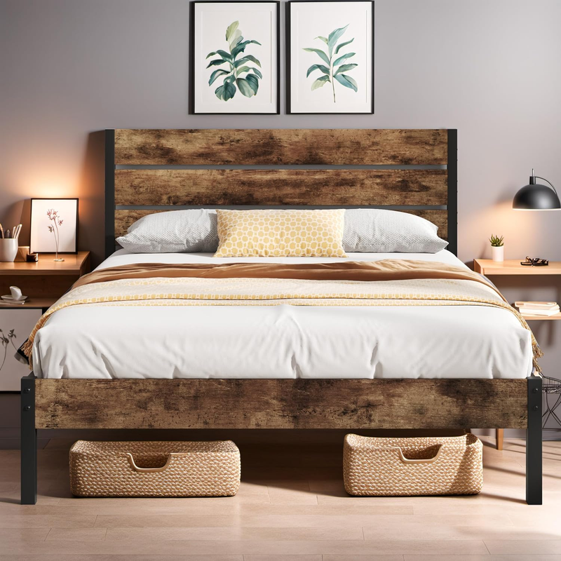 With Headboard And Footboard, Metal Queen Bed Frame With Under-b
