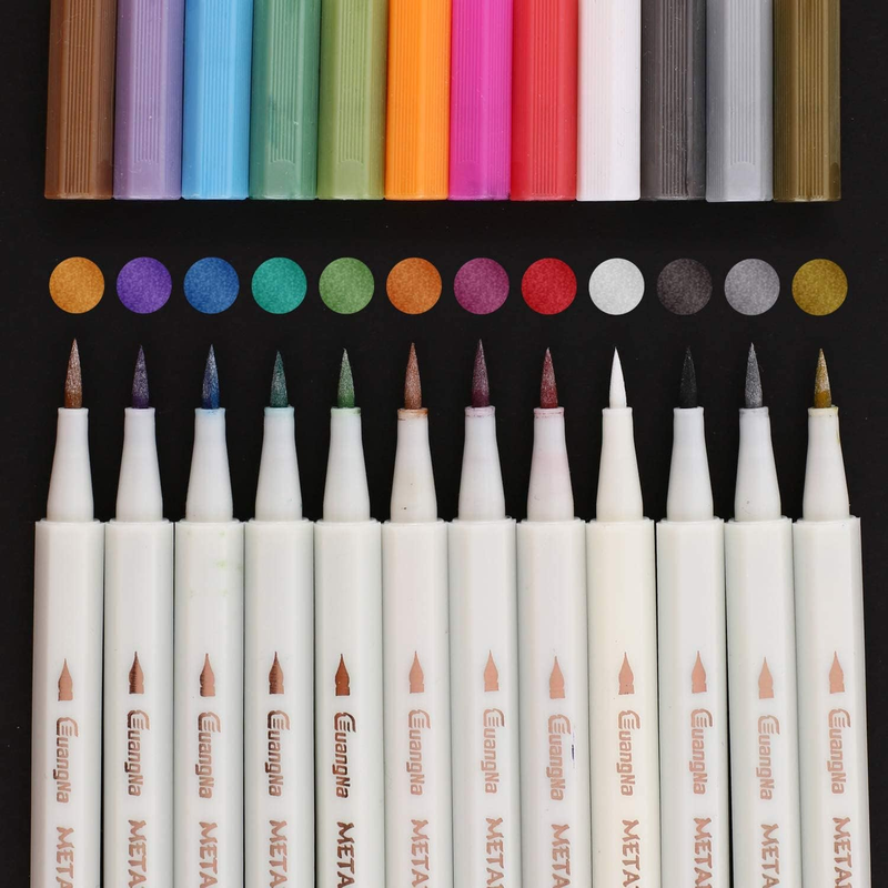 Metallic Calligraphy Marker Pens 12 Assorted Colors Soft Brush Tip Metallic Call