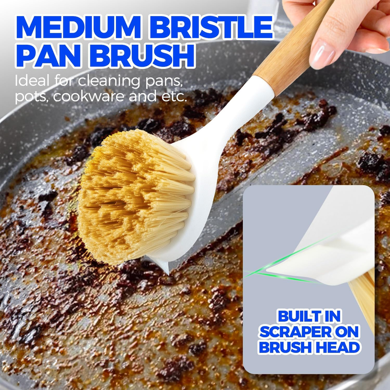 3 Pack Dish Brush Set with Bamboo Handle, Kitchen Scrub Brush for Cleaning Dish,