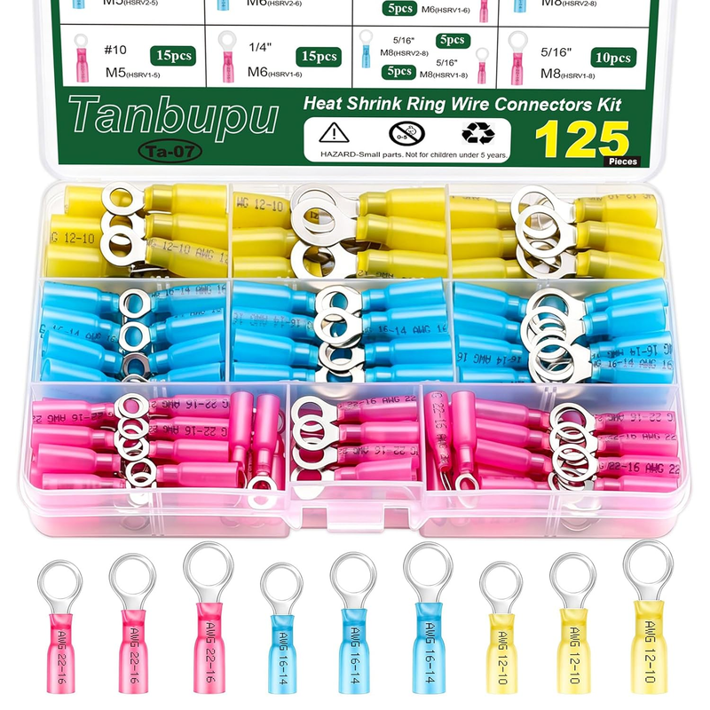 125Pcs Heat Shrink Ring Wire Connectors，#10,1/4