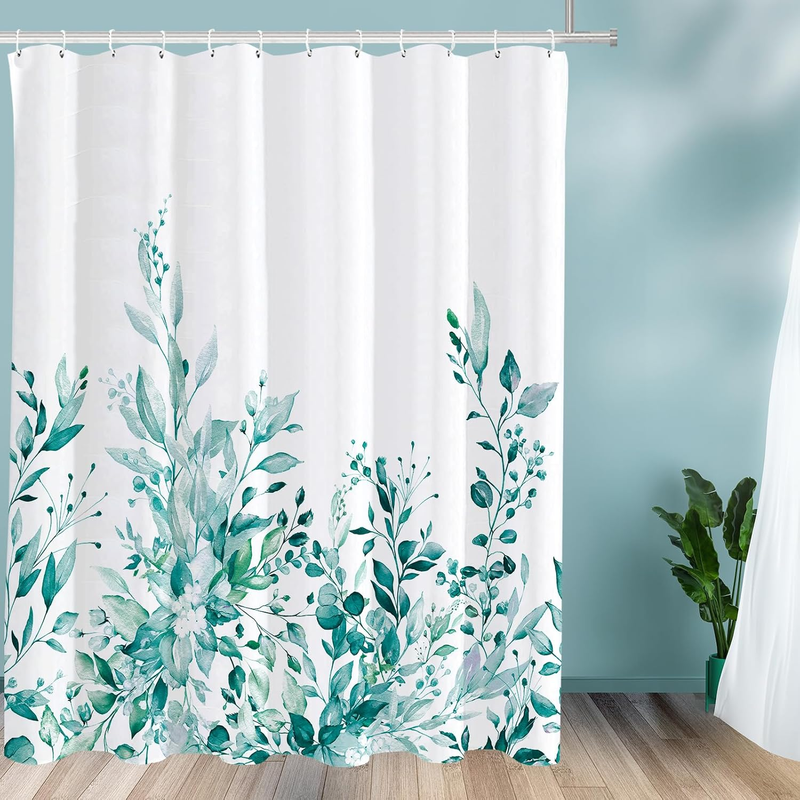 Tititex Teal Eucalyptus Shower Curtain, Watercolor Turquoise Leaves Plant with F