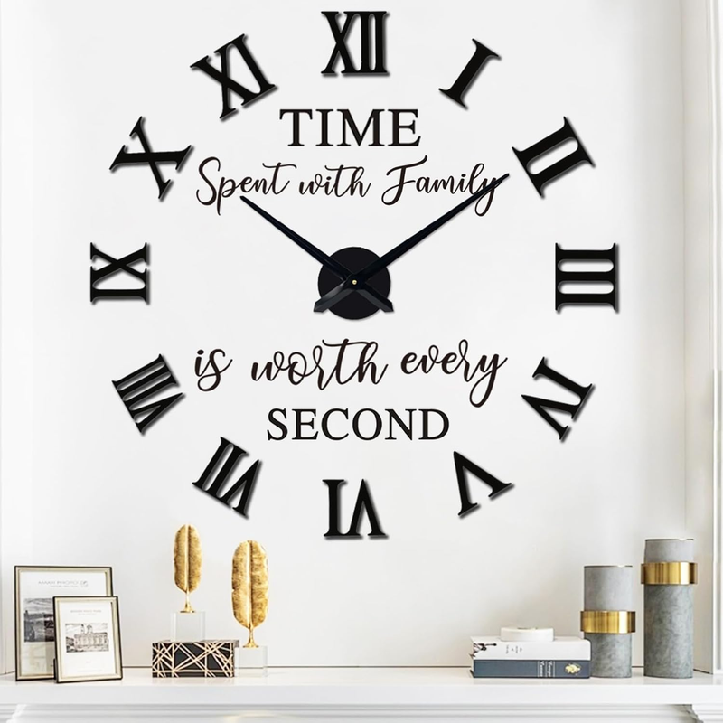 Large 3D DIY Roman Numerals Wall Clock Frameless Mirror for Living Room Bedroom