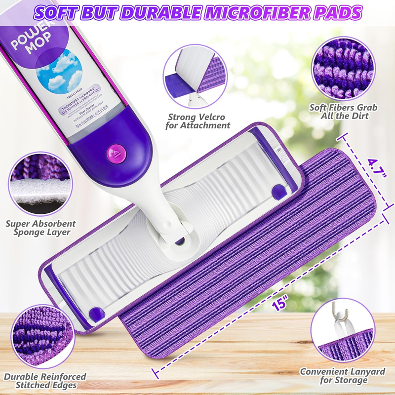 4X Reusable Mop Pads Compatible with Swiffer Powermop - SEVENMAX 15" Microfiber 