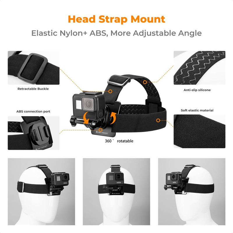 4-in-1 Adjustable Chest Strap, Head Mount, Wrist Band, Backpack Clip, with Phone