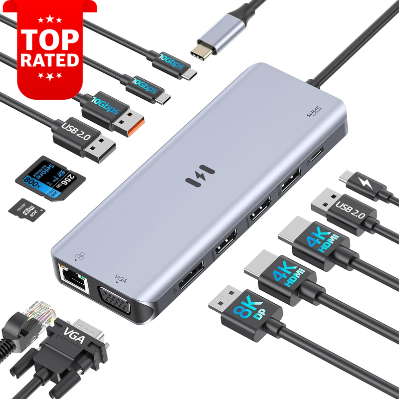 Selore 13-in-1 USB C Dock 8K DP Dual HDMI VGA 10Gbps USB 100W PD Multi-Screen