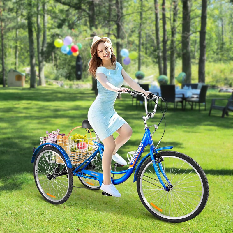 7-Speed Adult Tricycle with Large Basket 24/26 Inch, Stable 3-Wheel Cruise Bicyc