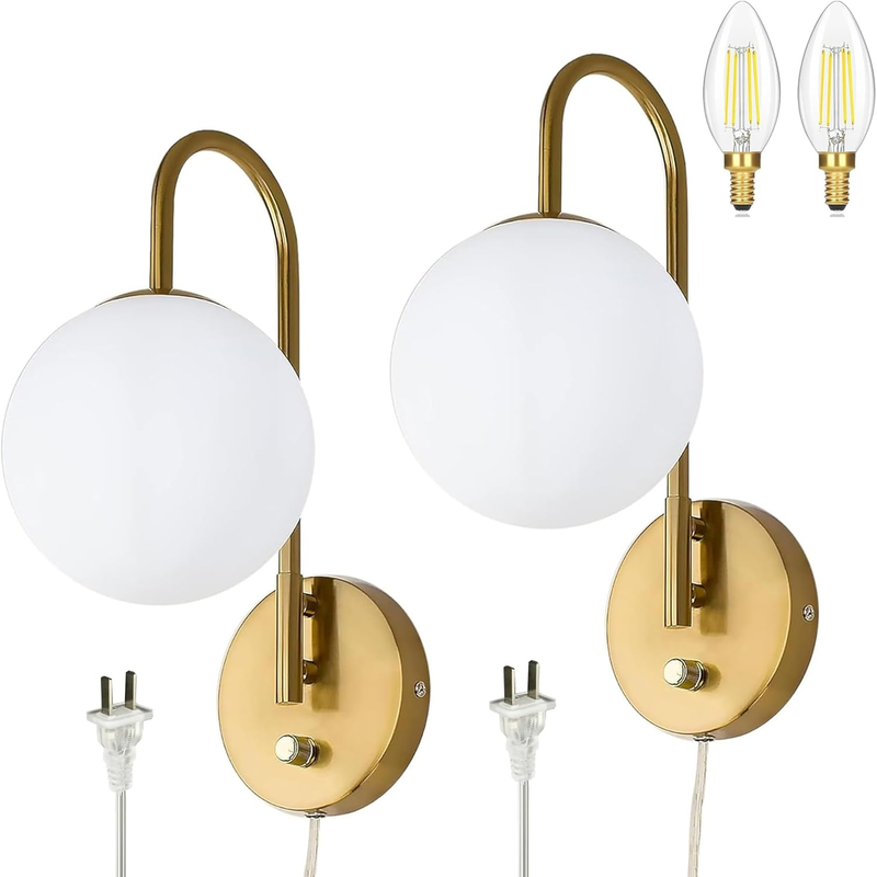 Dimmable E12 Wall Sconces Set of 2,Plug in Wall Sconces with 6.56Ft Power Cord,Globe Electric Plug in Wall Sconce,Wall Lights with Milky White Glass Globe Shade(2 Bulbs Included)