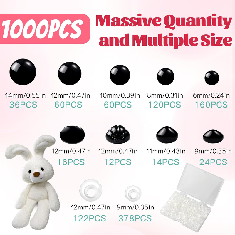 1000Pcs 6-14mm Safety Eyes and Noses for Crochet, Black Plastic Safety Eyes with