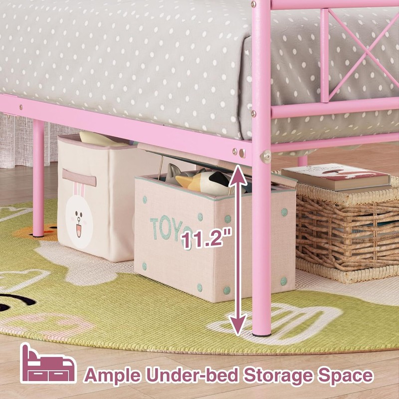 Twin Bed Frame, Metal Platform Bed Frame with Storage Bed for Kids Girls, Pink