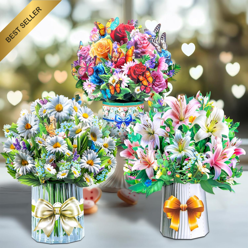 3D Pop up Flower Bouquet Cards with 3 Envelopes & Blank Notecards, Featuring Mul