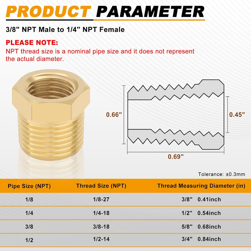 4pcs Heavy Duty 3/8 NPT Male Thread to 1/4 NPT Female Thread Brass Reducer Hex B