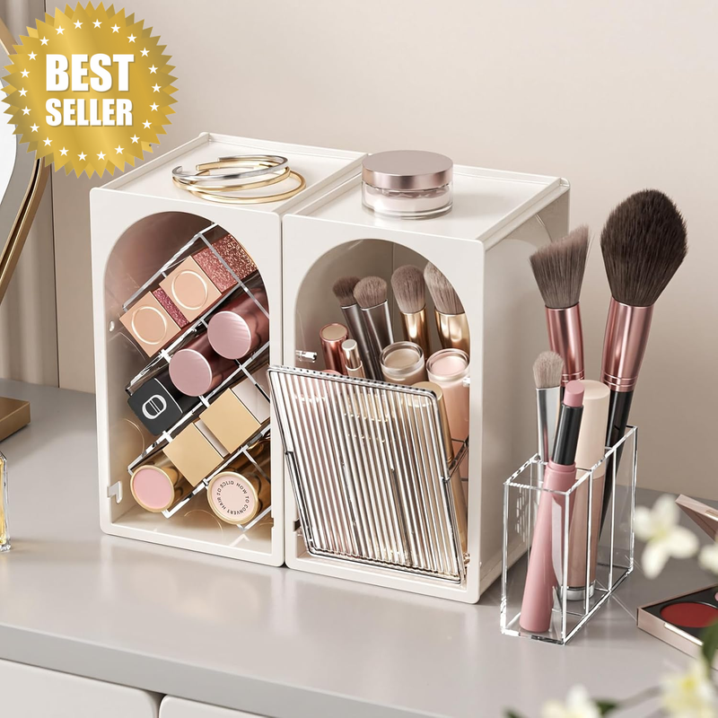 Makeup Brush Holder Organiser with Lid, 3-In-1 Dustproof Cosmetic Storage Set, L