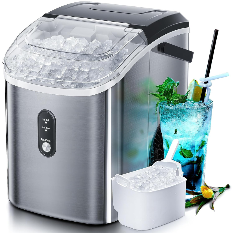 Nugget Countertop Ice Maker - Soft Chewable Ice, 34Lbs/24H, Self-Cleaning, One-Click Operation, Stainless Steel Silver with Ice Scoop