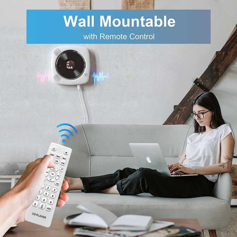 Desktop CD Player for Home, Bluetooth CD Player with Speakers, Wall Mounted, Rem