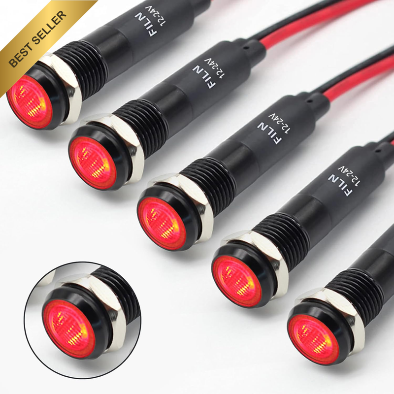 5Pcs 8Mm 12V 24V LED Indicator Light, Metal Dash Pilot Lamp Set (Red)