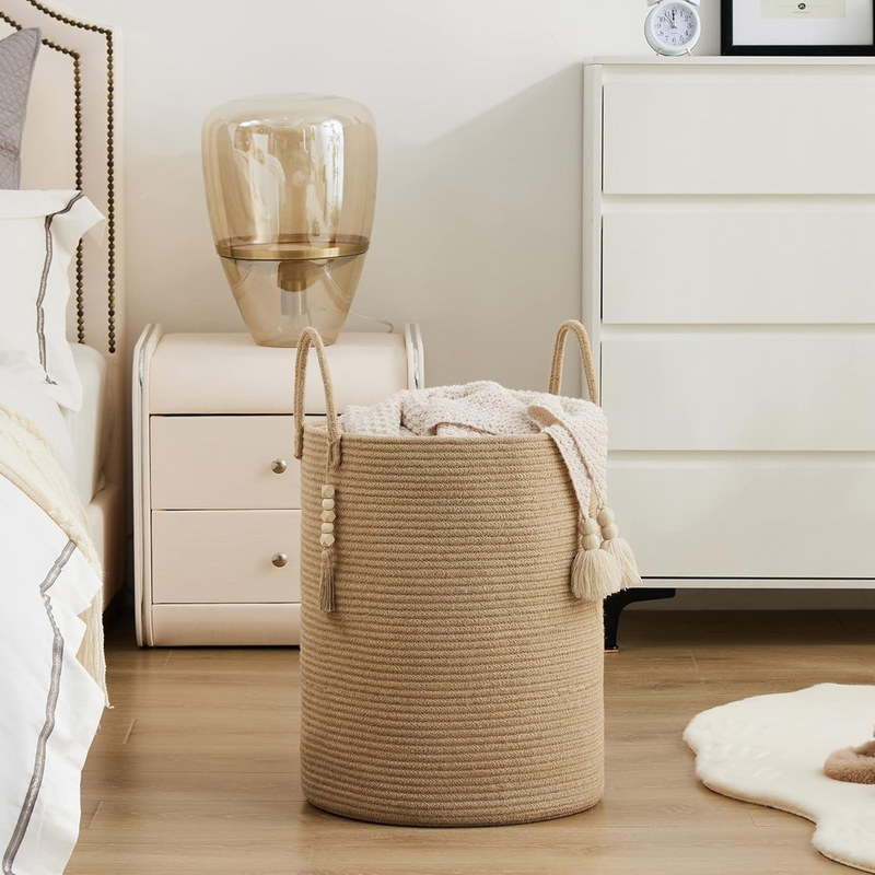 Jute Rope Laundry Hamper Basket, 58L Tall Woven Collapsible Baskets for Blanket